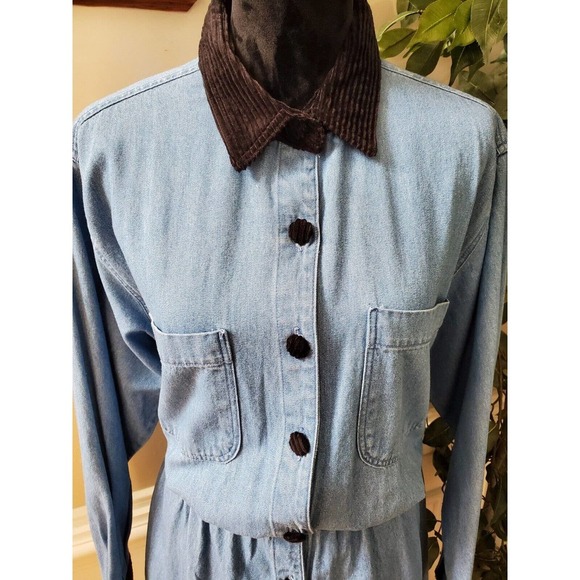 Vintage Fads Solid Blue 100% Cotton Collared Long Sleeve Casual Maxi Dress 12 - Picture 2 of 12